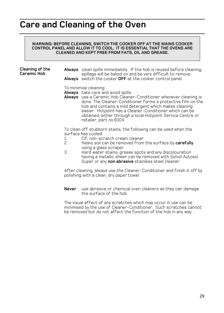 Care and cleaning of the oven | Hotpoint EW86 User Manual | Page 29 / 36