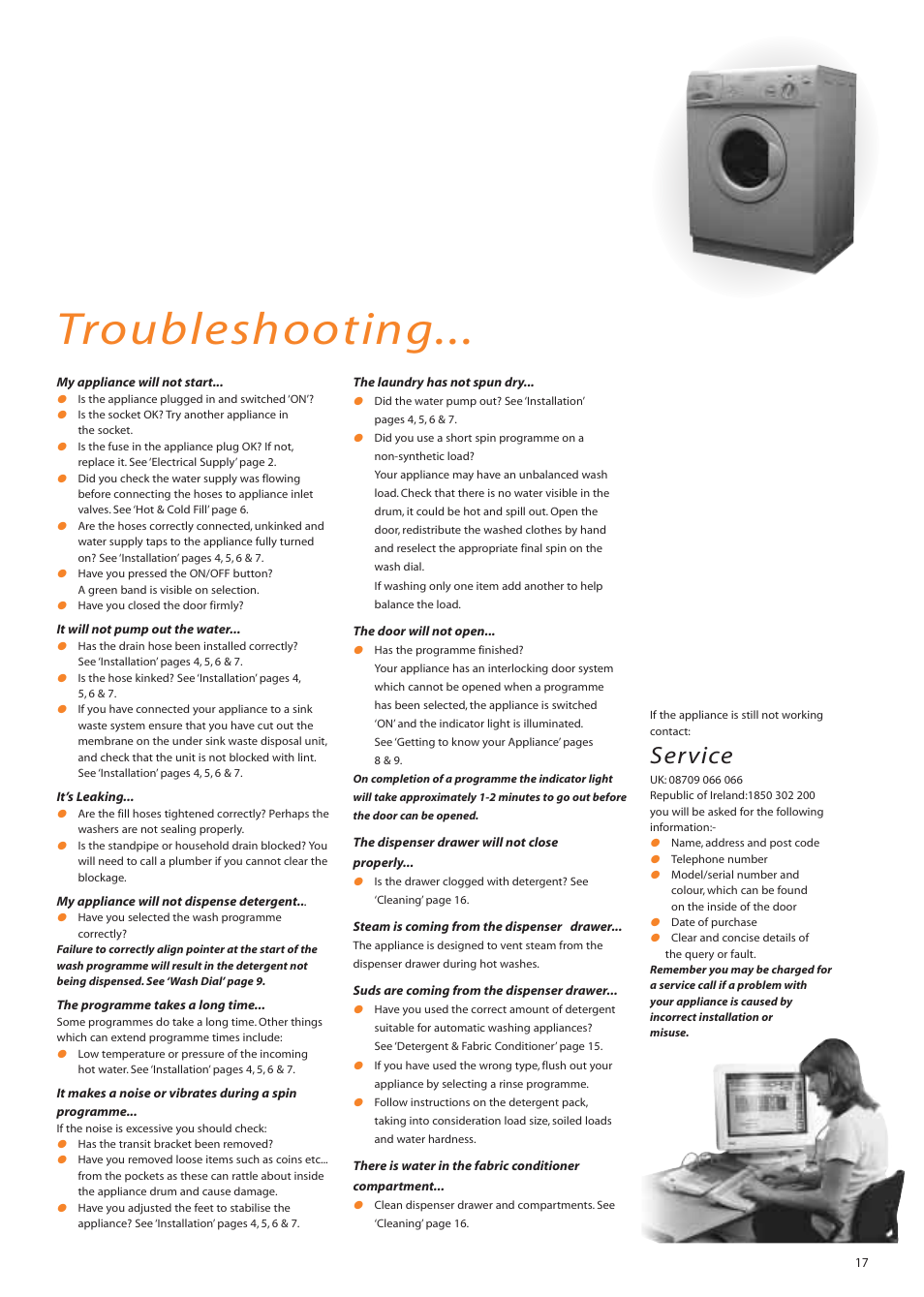 Troubleshooting, Service | Hotpoint WM82 User Manual | Page 17 / 20