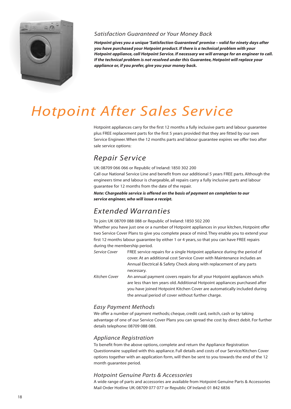 Hotpoint after sales service, Repair service, Extended warranties | Hotpoint WM82 User Manual | Page 18 / 20