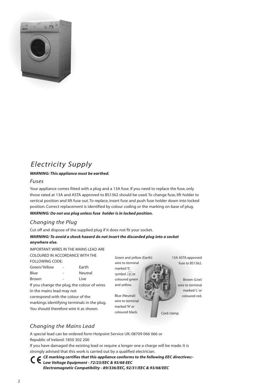 Electricity supply, Fuses, Changing the plug | Changing the mains lead | Hotpoint WM82 User Manual | Page 2 / 20