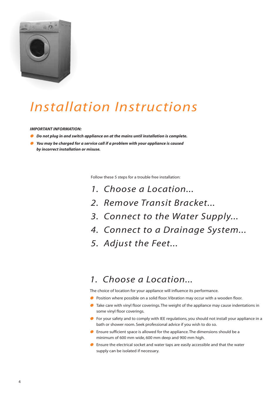 Installation instructions, Choose a location | Hotpoint WM82 User Manual | Page 4 / 20