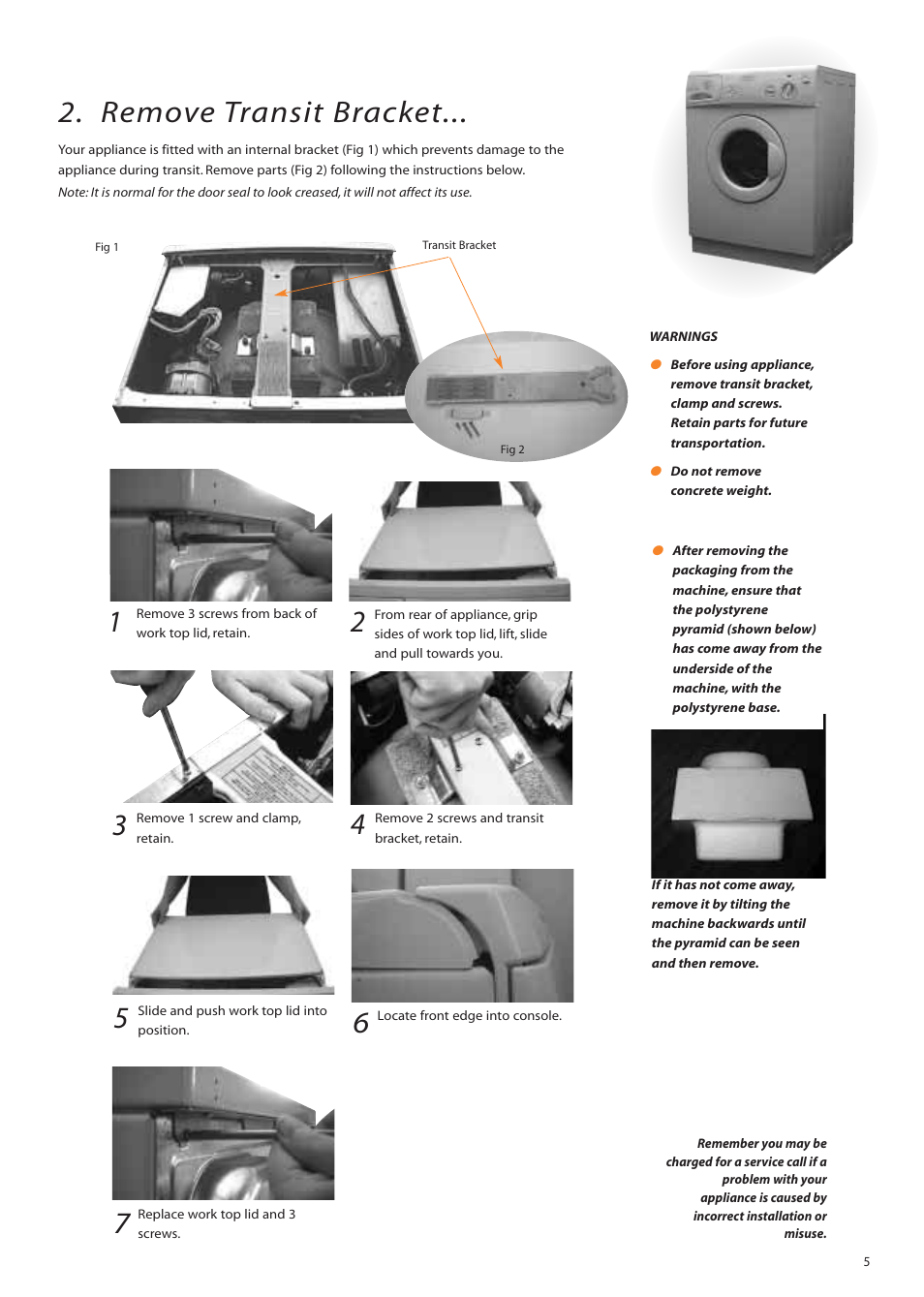 Remove transit bracket | Hotpoint WM82 User Manual | Page 5 / 20
