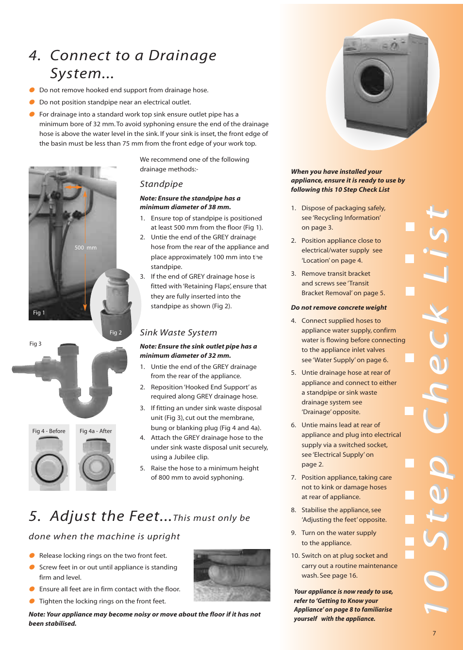 10 st, 10 st ep ep c c heck list heck list, Connect to a drainage system | Adjust the feet | Hotpoint WM82 User Manual | Page 7 / 20