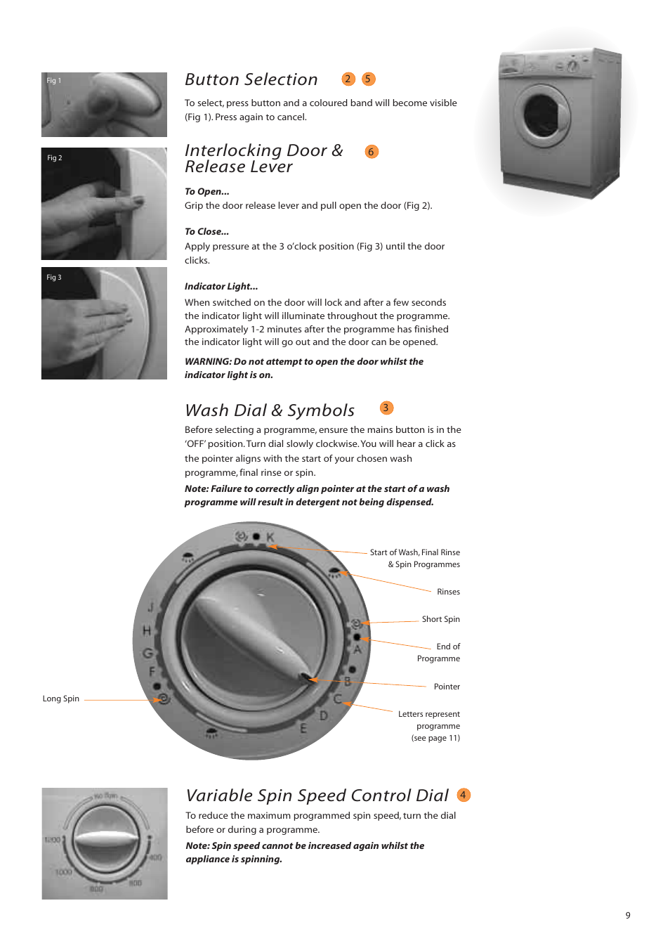 Button selection, Interlocking door & release lever, Wash dial & symbols | Variable spin speed control dial | Hotpoint WM82 User Manual | Page 9 / 20