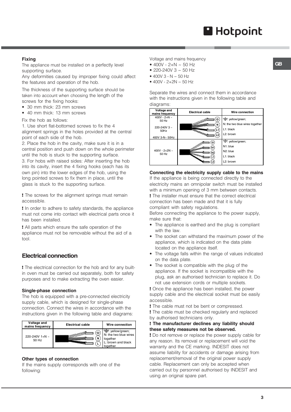 Electrical connection | Hotpoint CEO 647 Z User Manual | Page 3 / 16