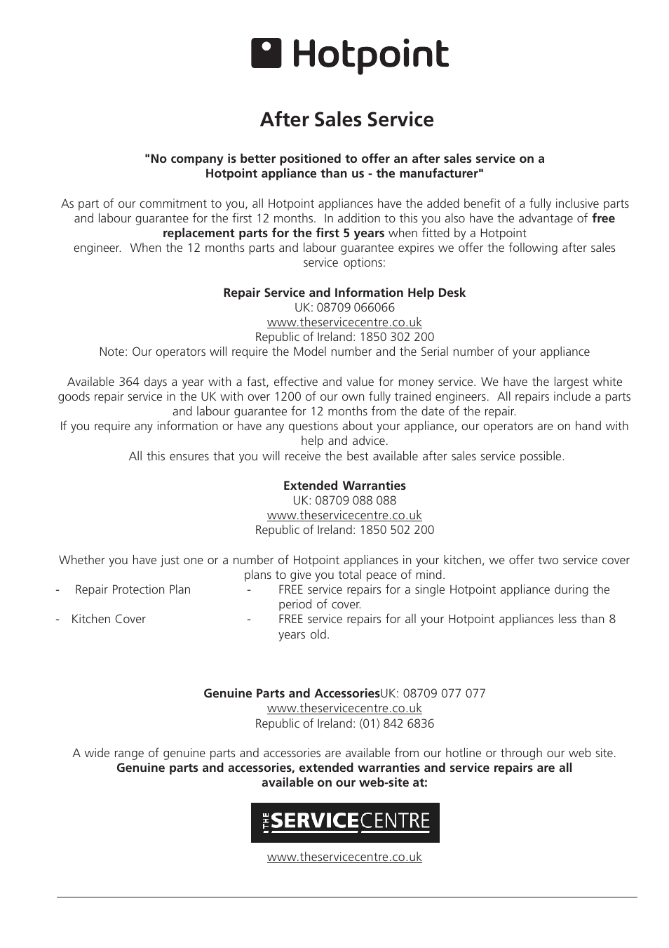 After sales service | Hotpoint RLA 21 User Manual | Page 10 / 12