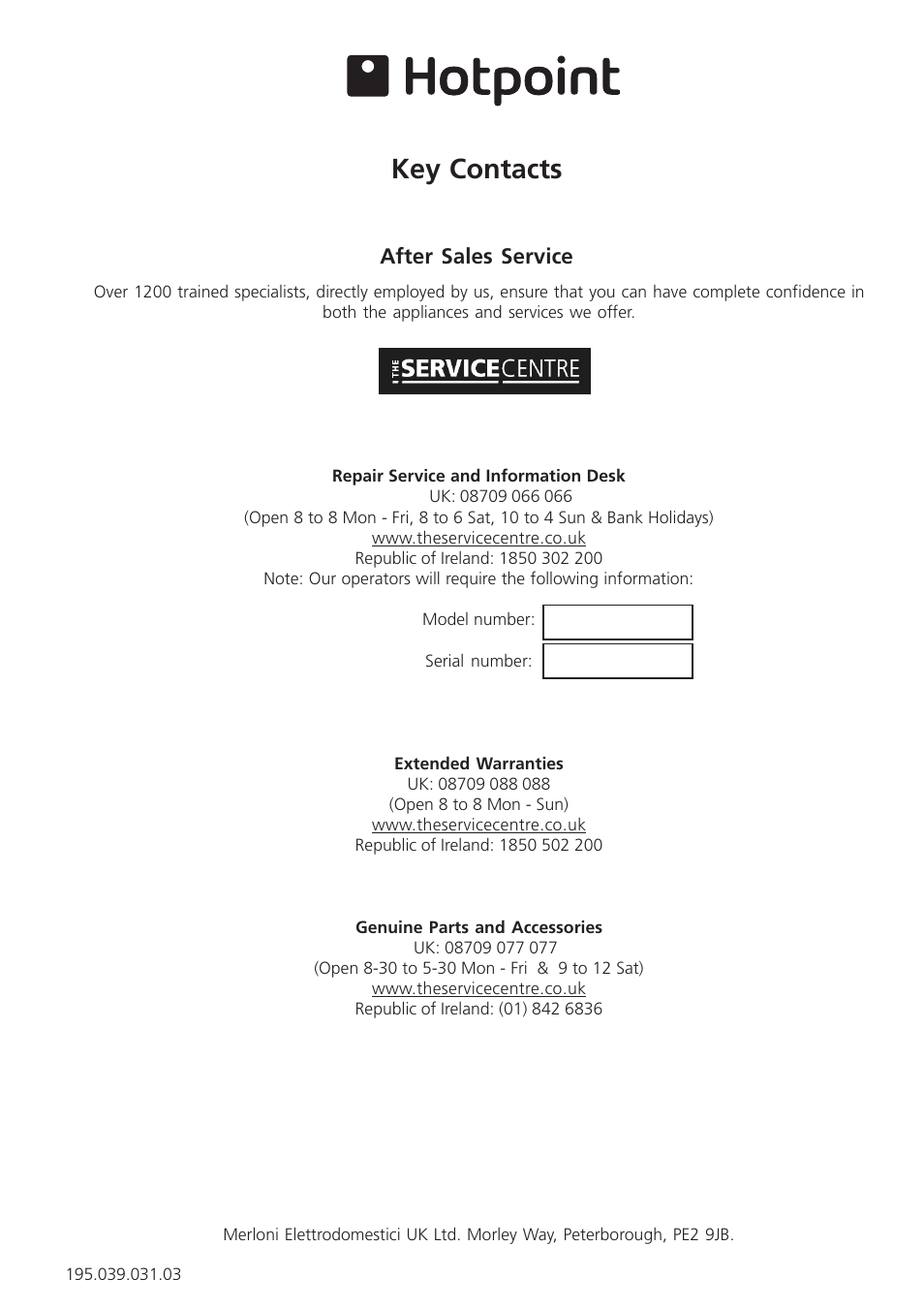 Key contacts, After sales service | Hotpoint RLA 21 User Manual | Page 12 / 12