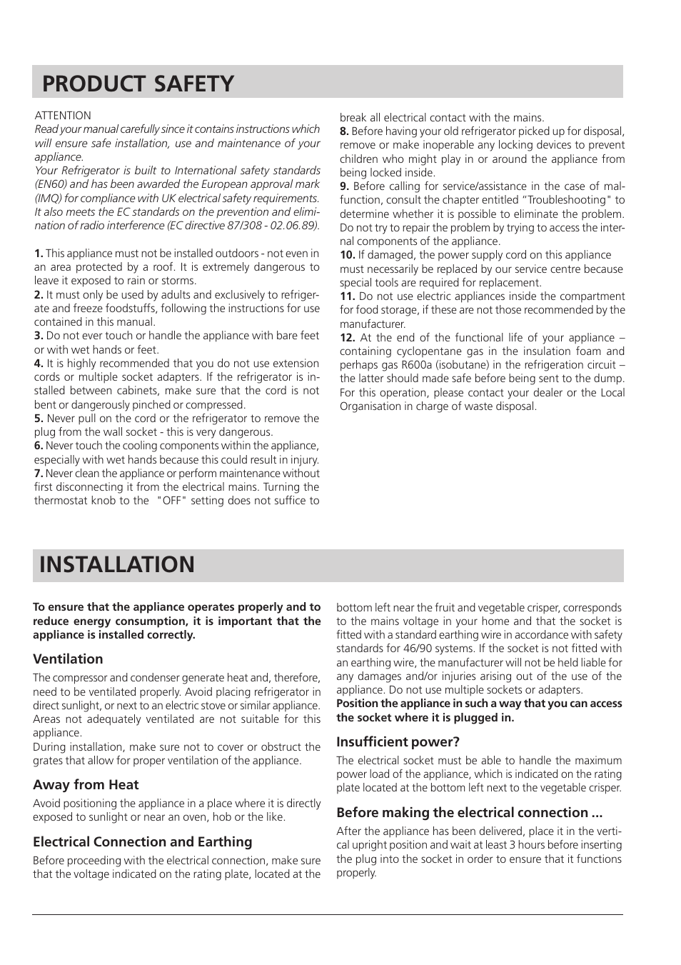 Installation, Product safety | Hotpoint RLA 21 User Manual | Page 3 / 12