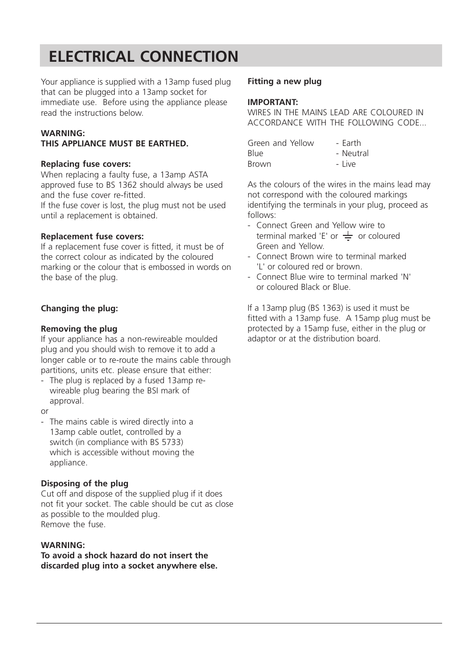 Electrical connection | Hotpoint RLA 21 User Manual | Page 4 / 12