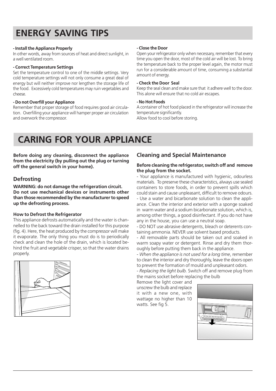 Energy saving tips, Caring for your appliance | Hotpoint RLA 21 User Manual | Page 7 / 12