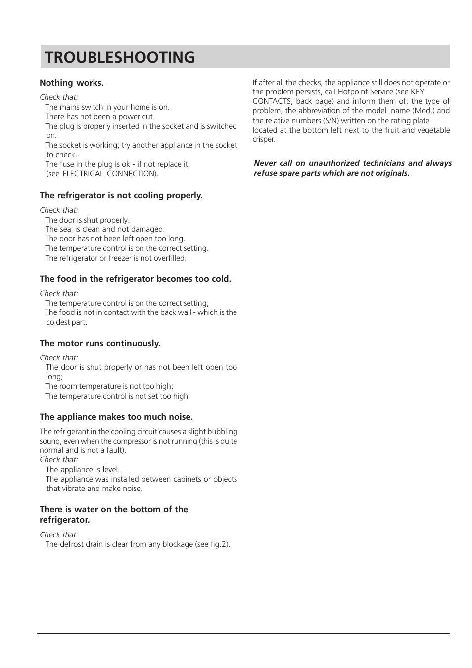 Troubleshooting | Hotpoint RLA 21 User Manual | Page 8 / 12