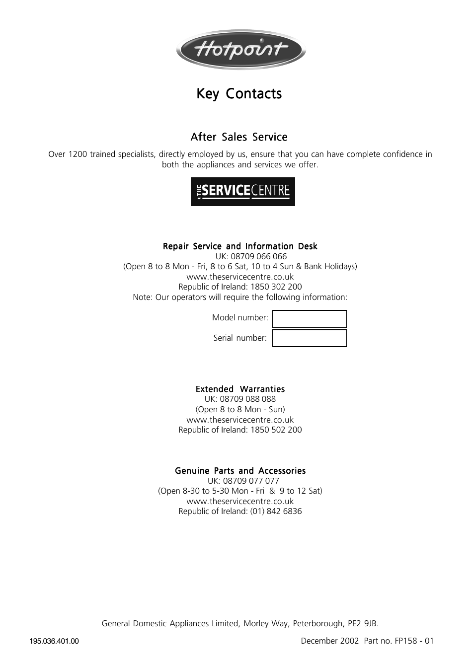 Key contacts | Hotpoint E604 User Manual | Page 12 / 12