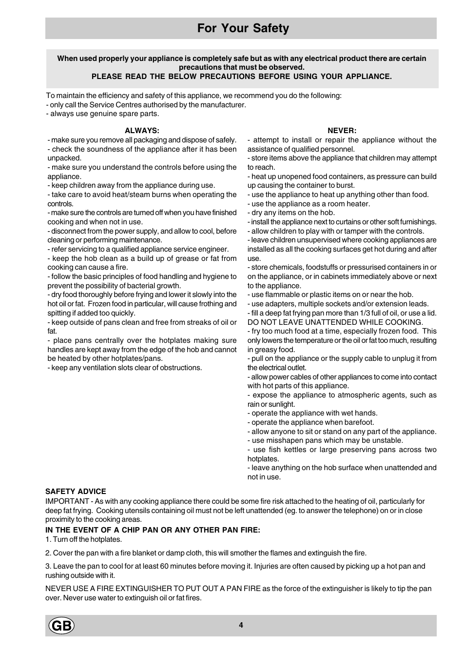 For your safety | Hotpoint E604 User Manual | Page 4 / 12
