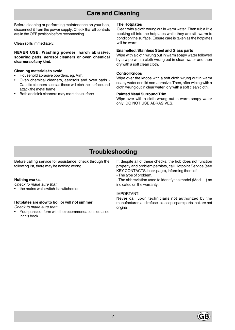 Care and cleaning troubleshooting | Hotpoint E604 User Manual | Page 7 / 12