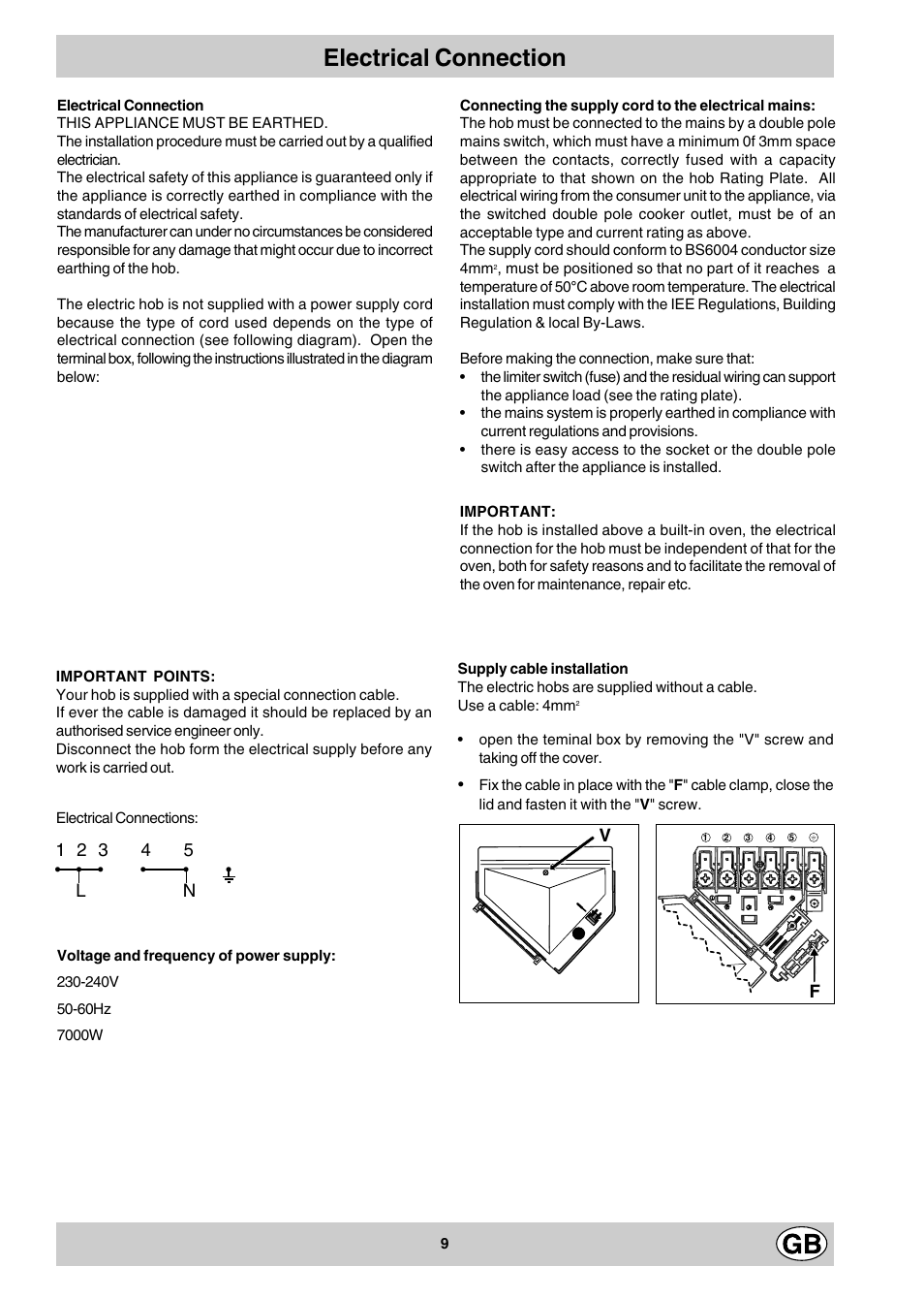 Electrical connection | Hotpoint E604 User Manual | Page 9 / 12