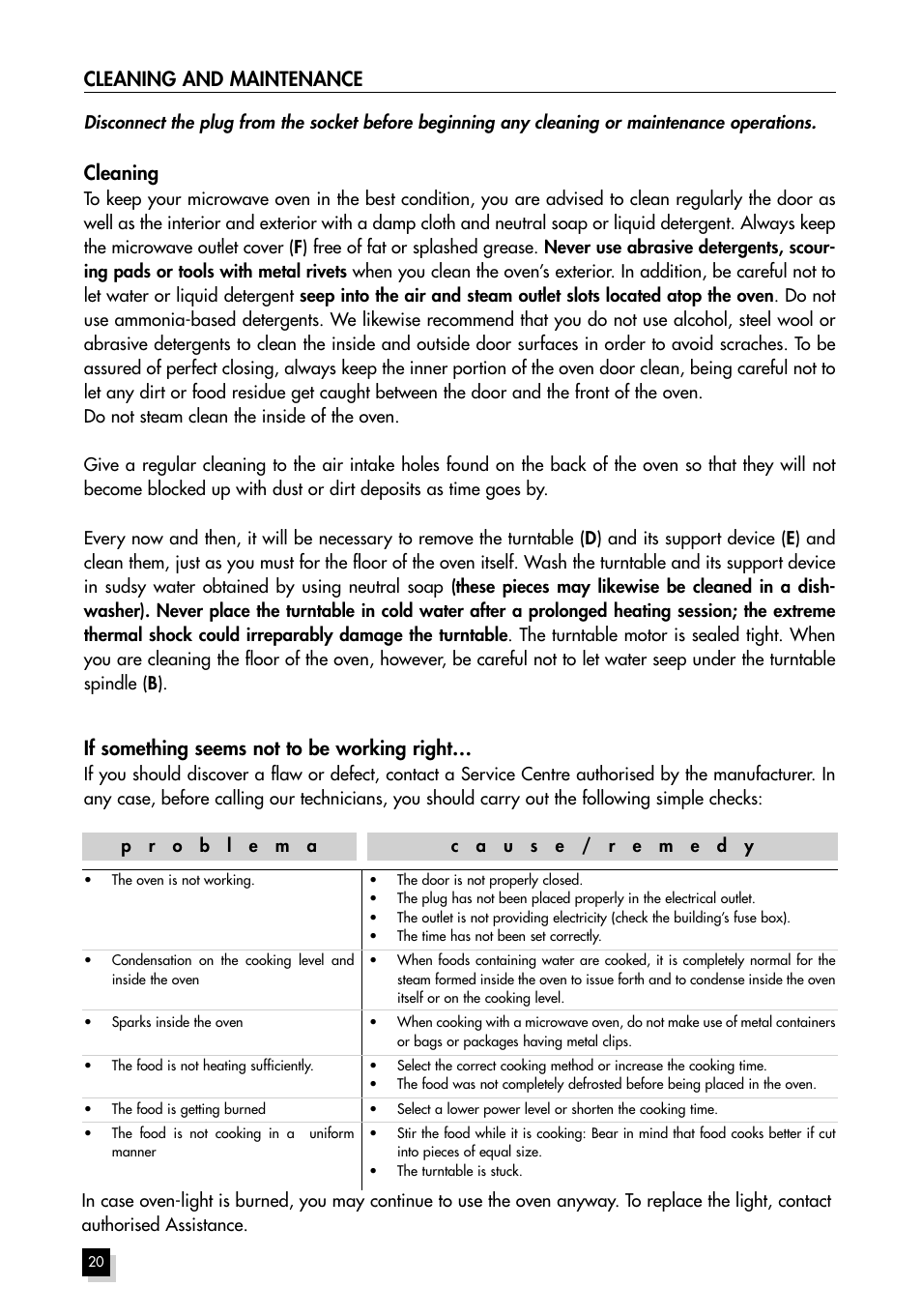 Cleaning, If something seems not to be working right, Cleaning and maintenance | Hotpoint MWH211 User Manual | Page 20 / 23