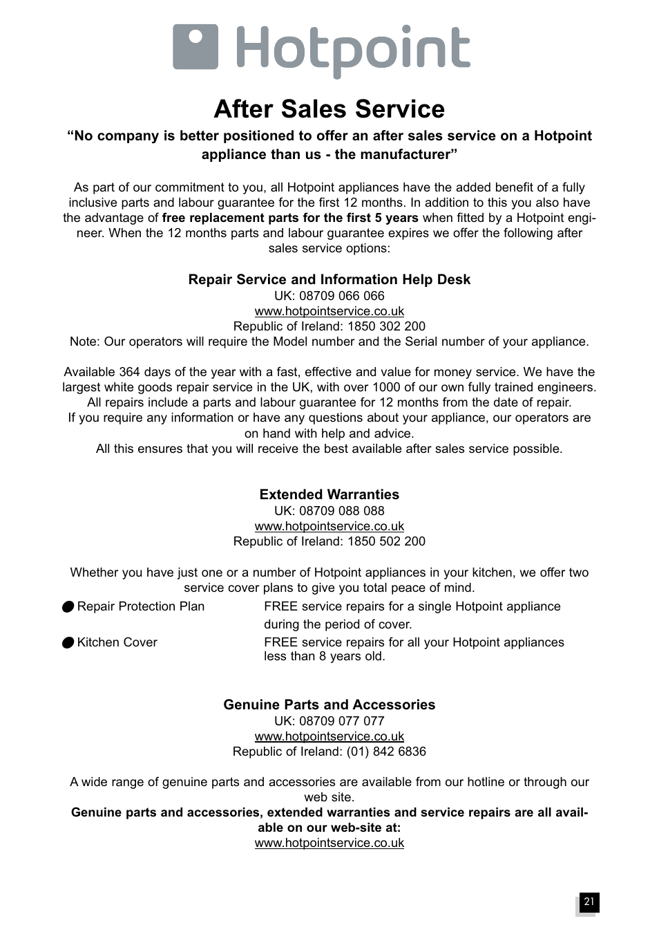 After sales service | Hotpoint MWH211 User Manual | Page 21 / 23