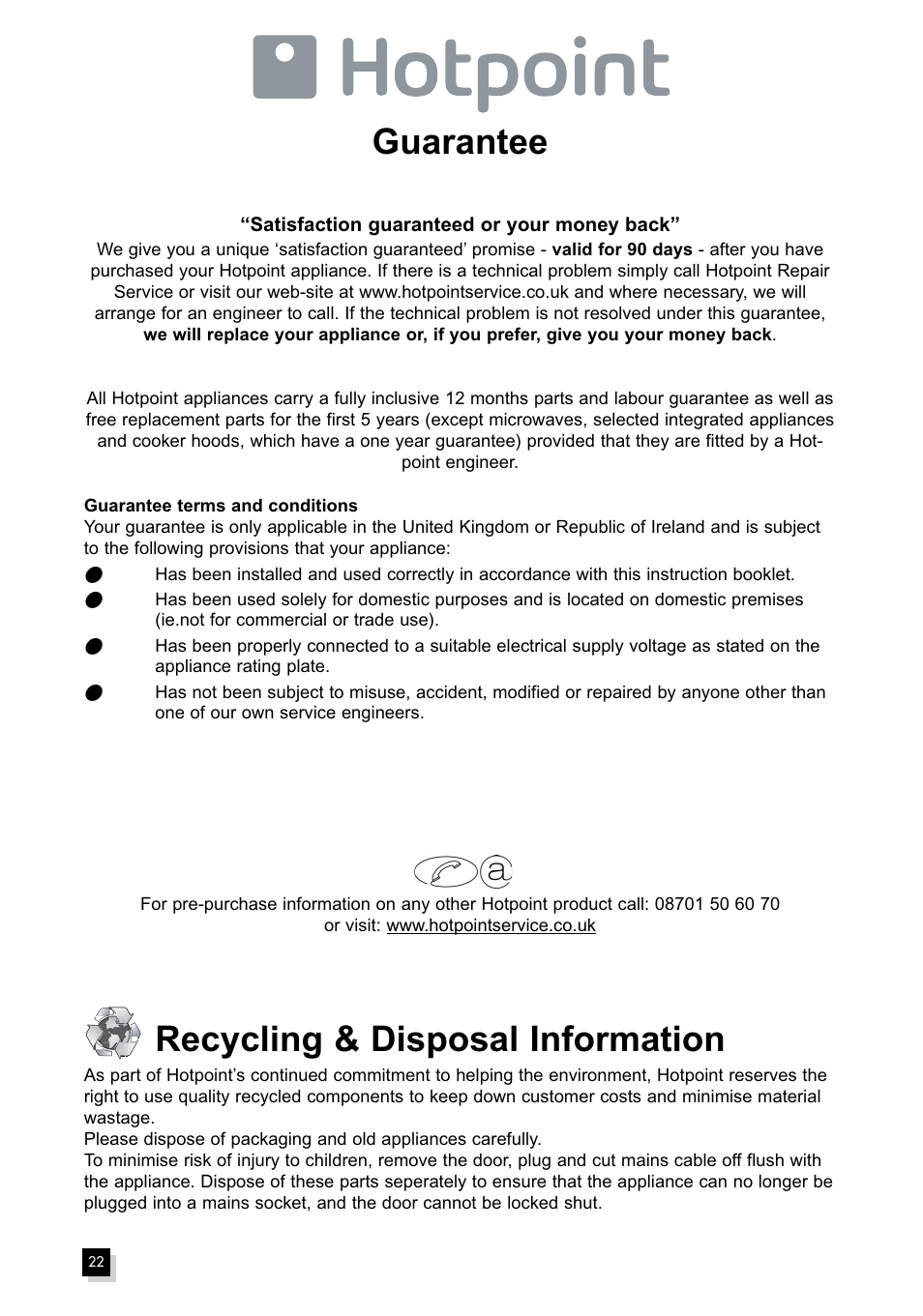 Guarantee, Recycling & disposal information | Hotpoint MWH211 User Manual | Page 22 / 23