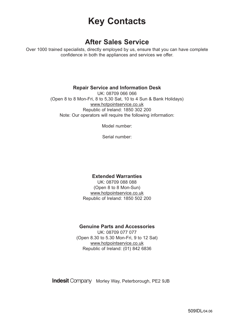 Key contacts, After sales service | Hotpoint MWH211 User Manual | Page 23 / 23