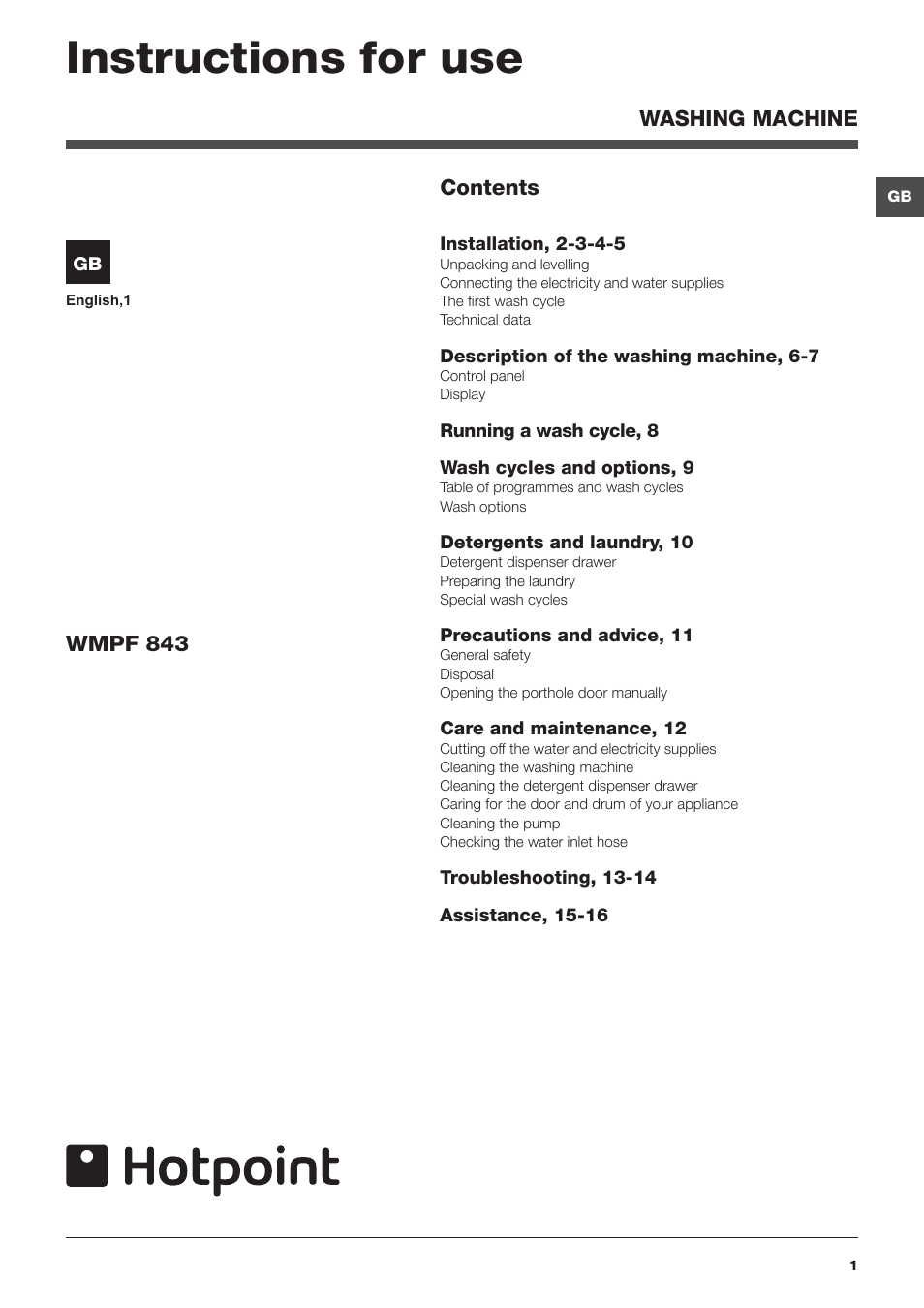 Hotpoint WASHING MACHINE WMPF User Manual | 16 pages