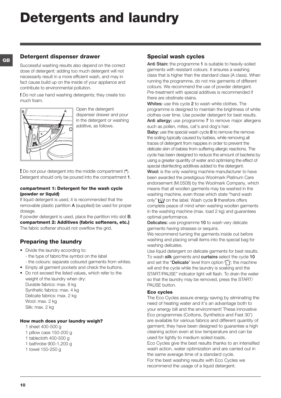 Detergents and laundry | Hotpoint WASHING MACHINE WMPF User Manual | Page 10 / 16