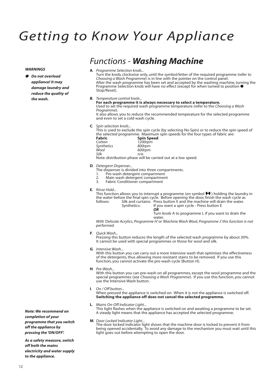 Getting to know your appliance, Functions - washing machine | Hotpoint BWM12 User Manual | Page 12 / 24