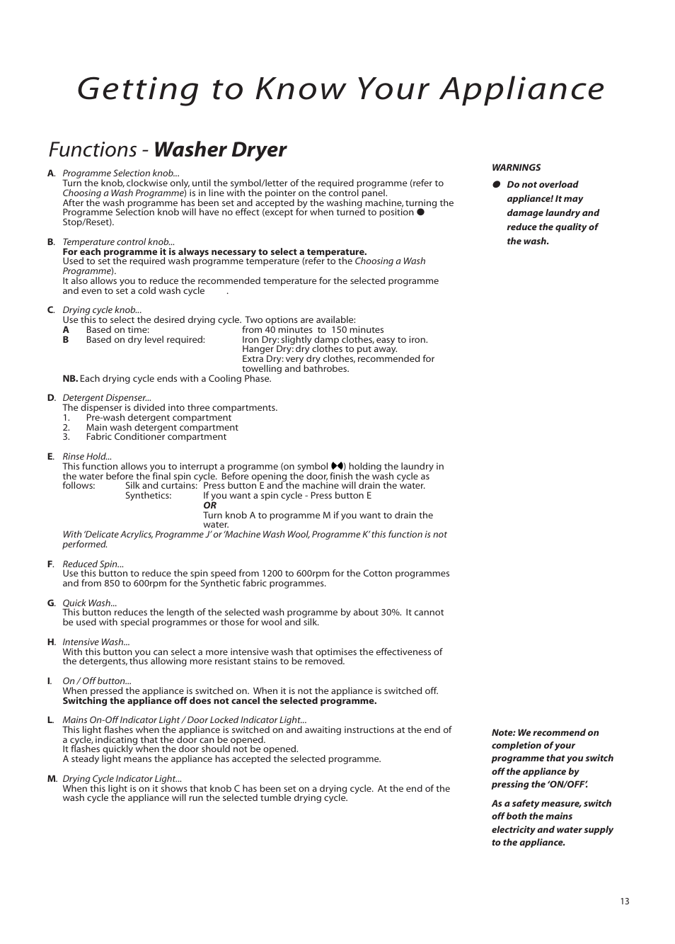 Getting to know your appliance, Functions - washer dryer | Hotpoint BWM12 User Manual | Page 13 / 24