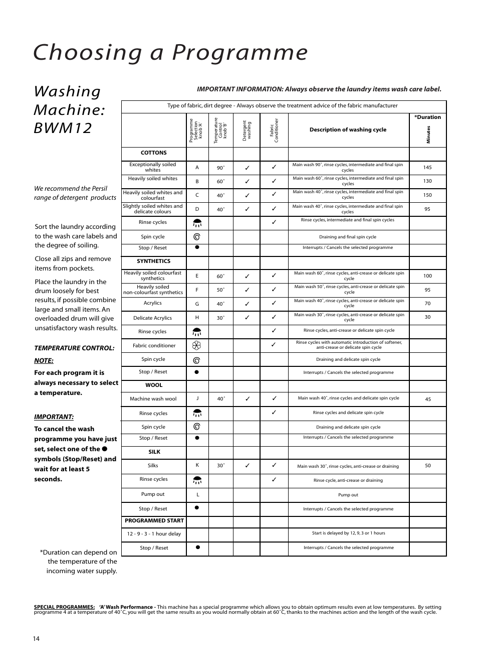 Choosing a programme, Washing machine: bwm12 | Hotpoint BWM12 User Manual | Page 14 / 24