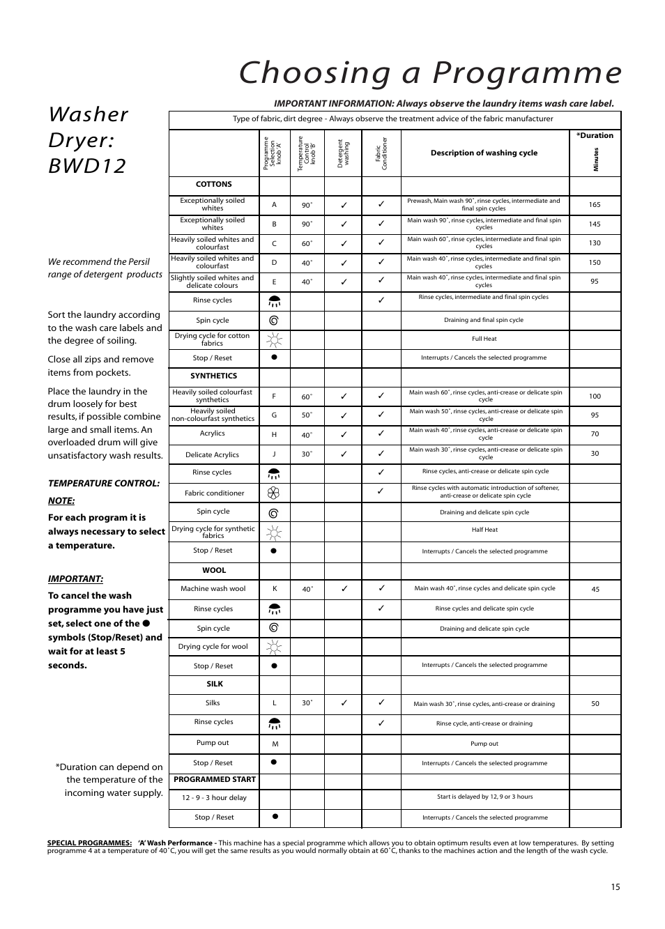 Choosing a programme, Washer dryer: bwd12 | Hotpoint BWM12 User Manual | Page 15 / 24
