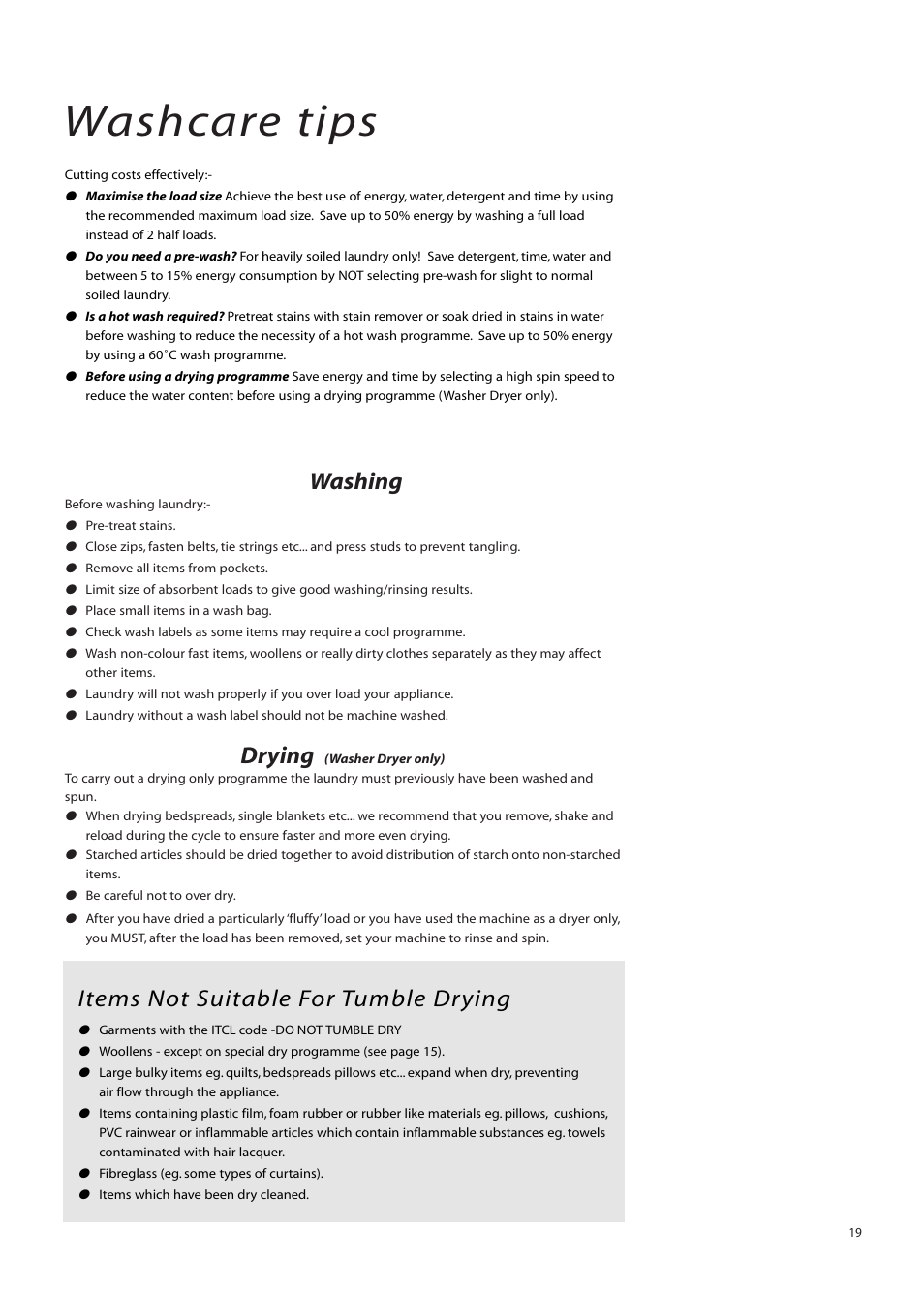 Washcare tips, Washing, Drying | Items not suitable for tumble drying | Hotpoint BWM12 User Manual | Page 19 / 24