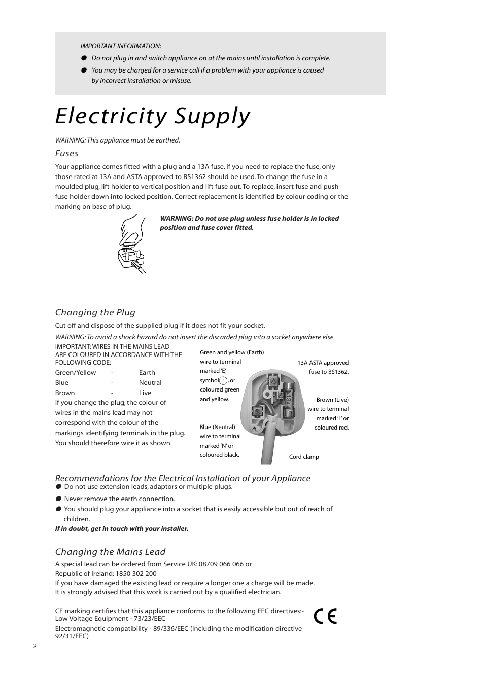 Electricity supply, Fuses, Changing the plug | Changing the mains lead | Hotpoint BWM12 User Manual | Page 2 / 24