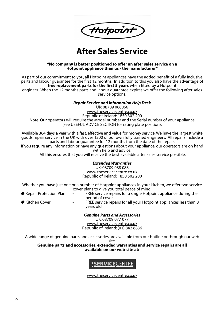 After sales service | Hotpoint BWM12 User Manual | Page 22 / 24