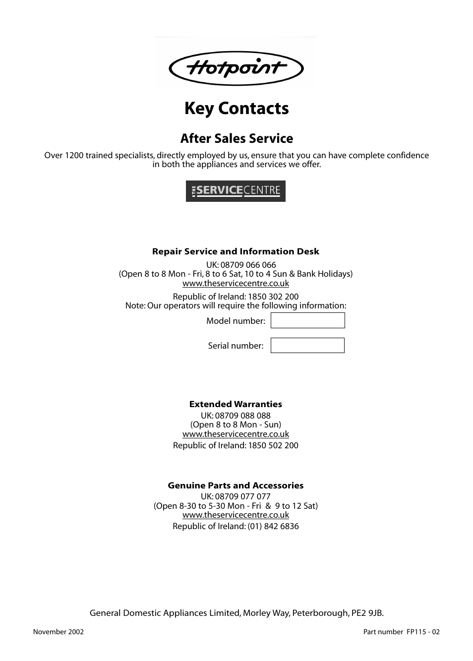 Key contacts, After sales service | Hotpoint BWM12 User Manual | Page 24 / 24