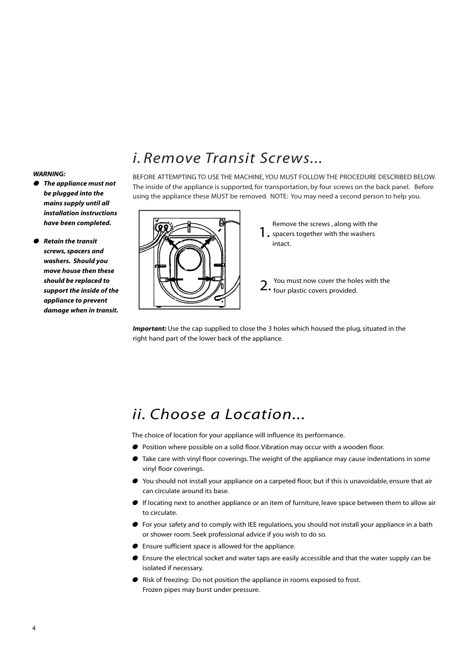 I. remove transit screws, Ii. choose a location | Hotpoint BWM12 User Manual | Page 4 / 24