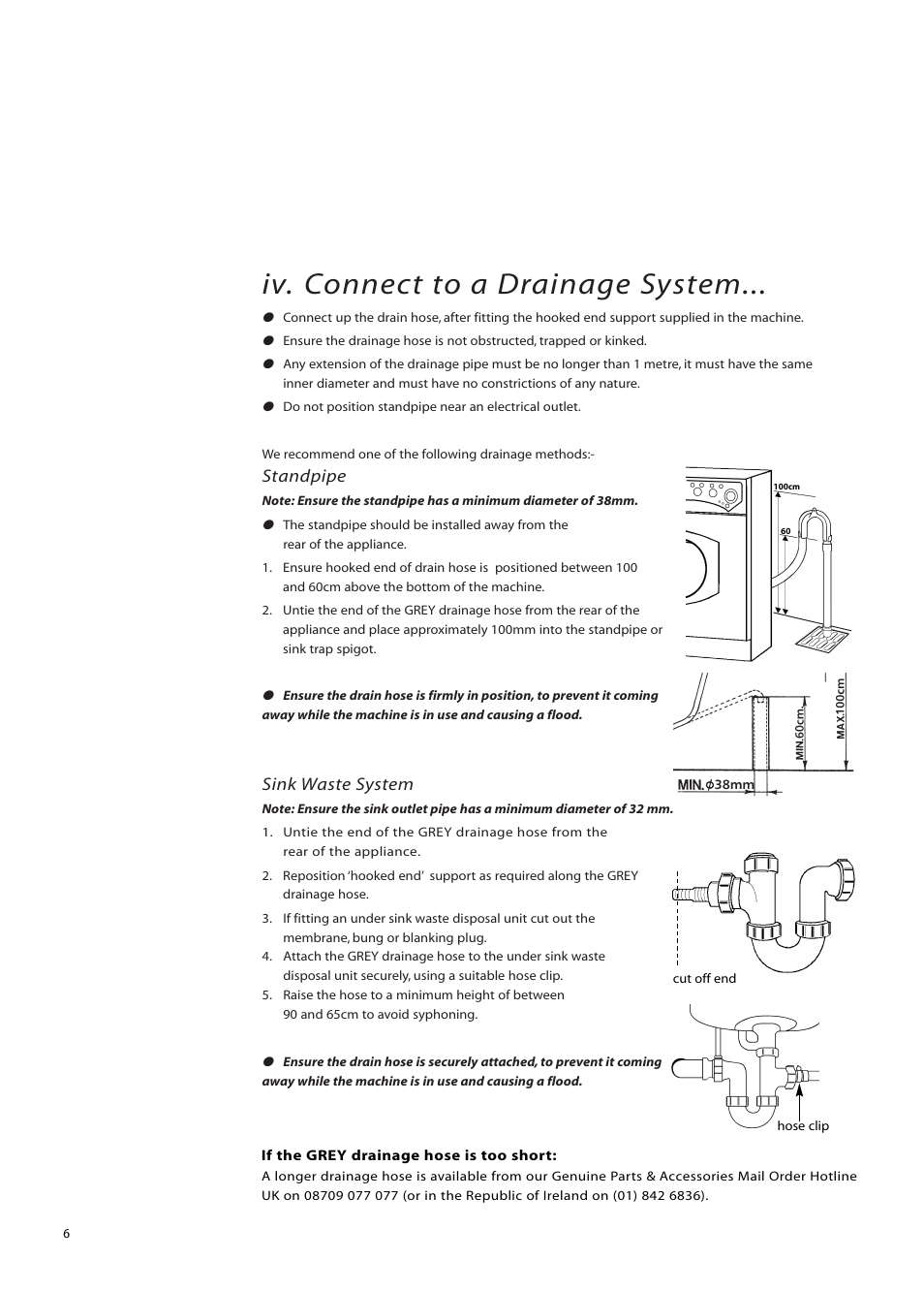 Iv. connect to a drainage system, Standpipe, Sink waste system | Hotpoint BWM12 User Manual | Page 6 / 24