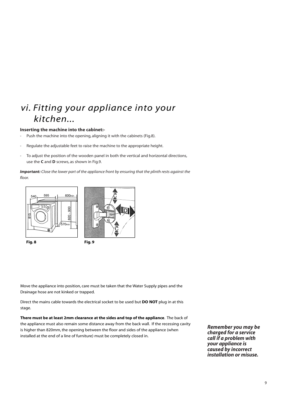 Vi. fitting your appliance into your kitchen | Hotpoint BWM12 User Manual | Page 9 / 24