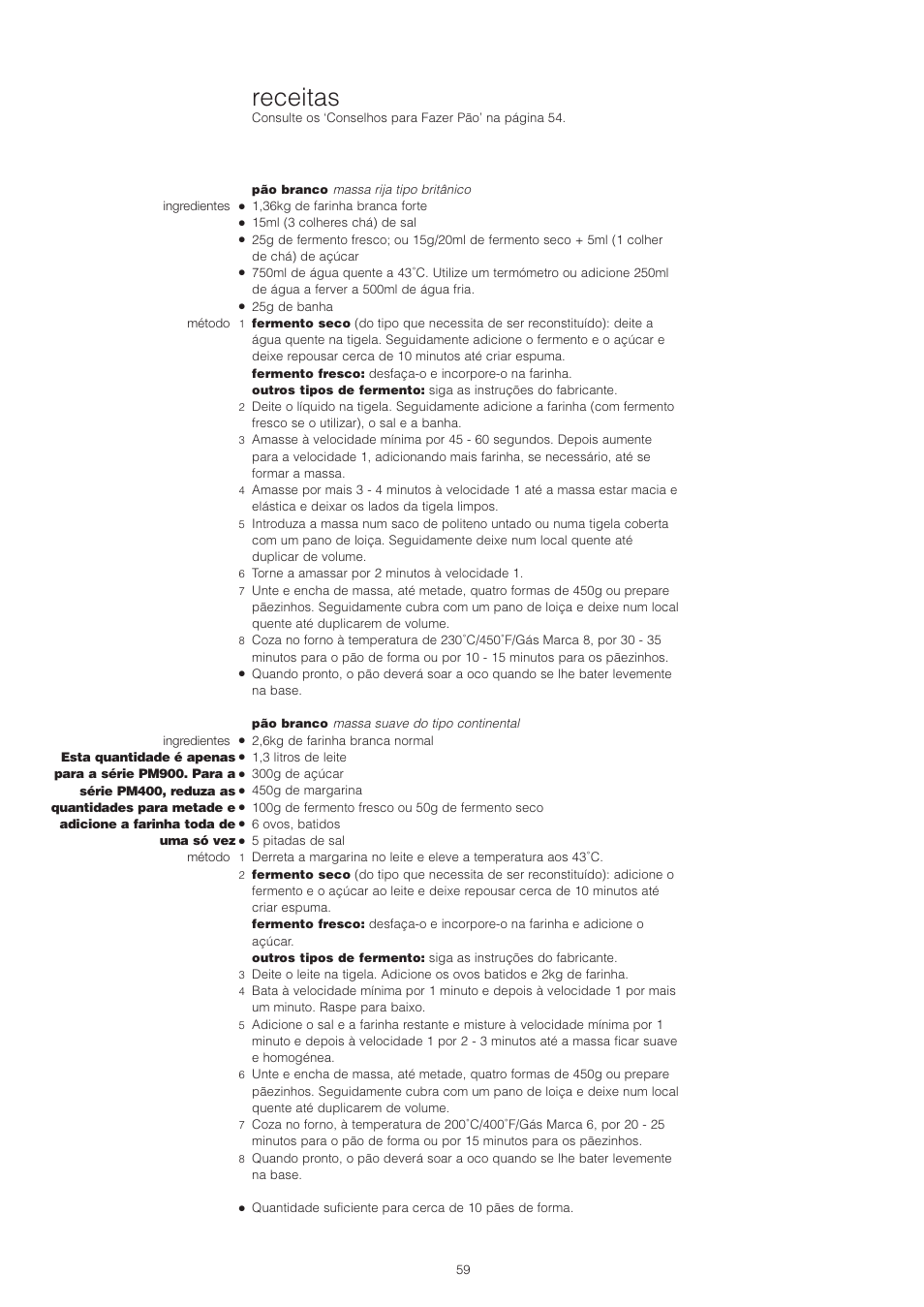 Receitas | Kenwood PM400 User Manual | Page 61 / 184