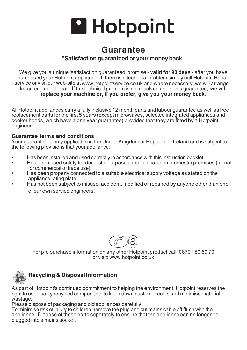 Guarantee | Hotpoint LI2I2A User Manual | Page 9 / 12