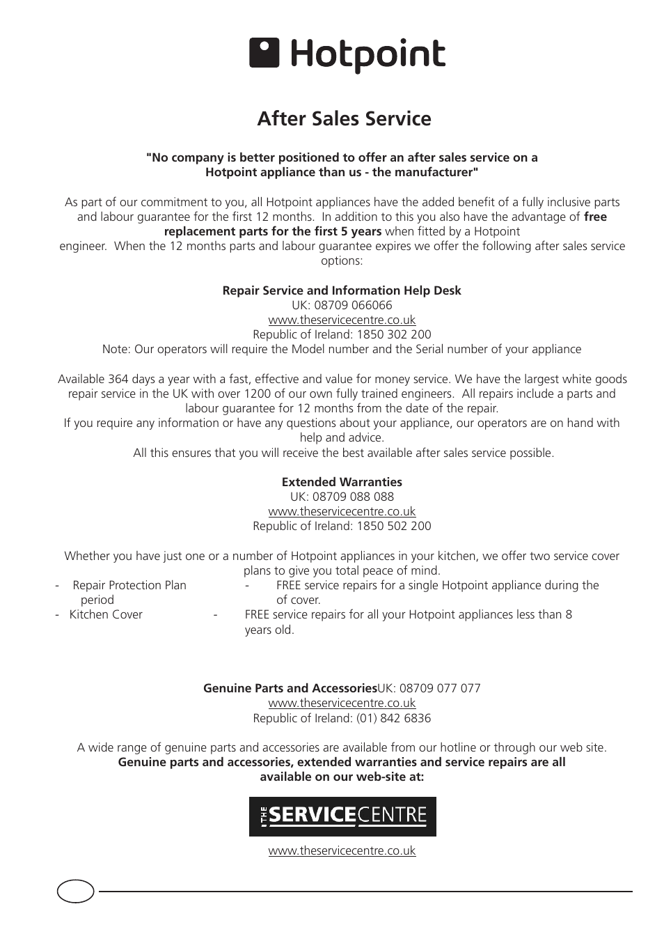 After sales service | Hotpoint HUL161I User Manual | Page 10 / 12