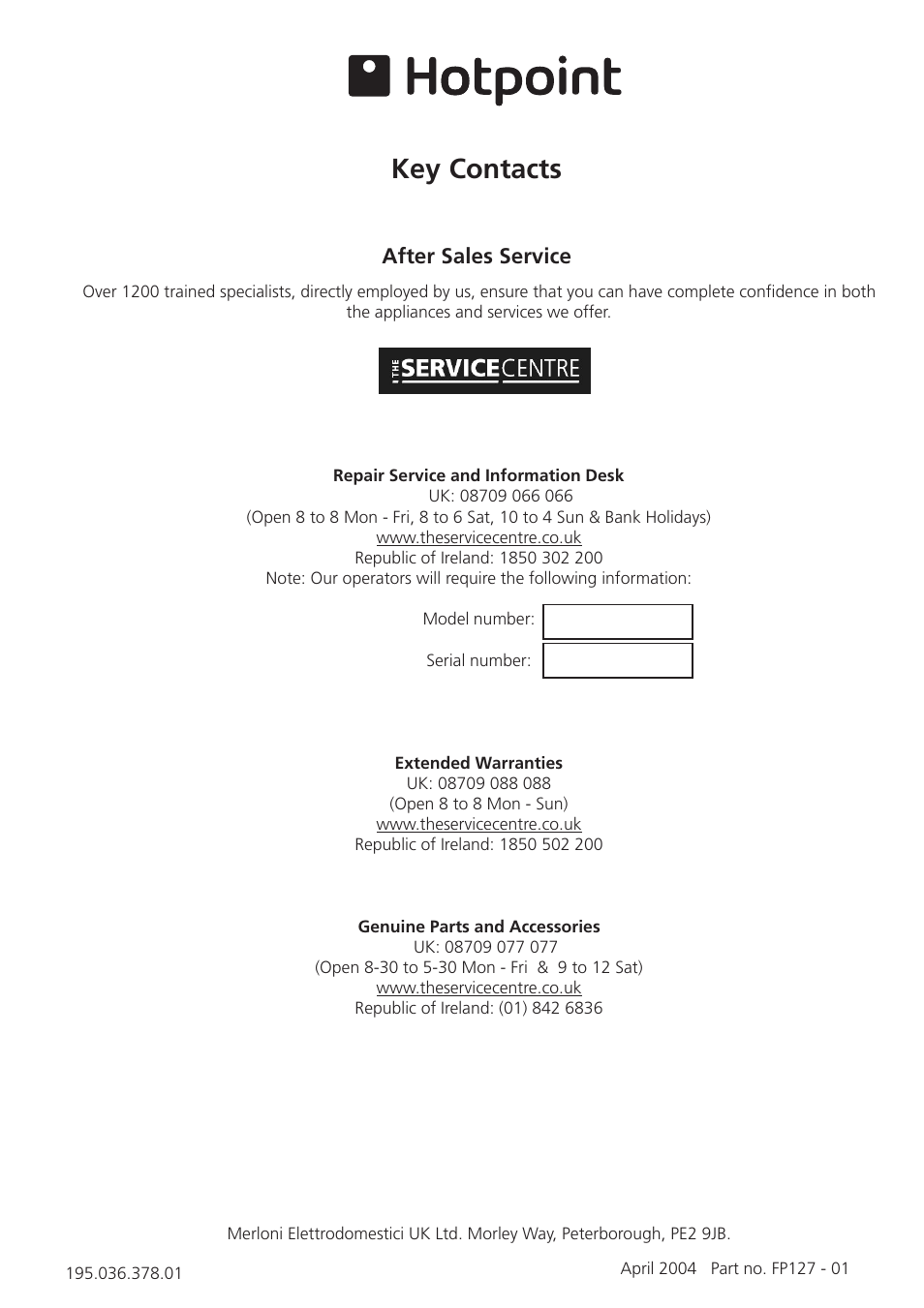 Key contacts, After sales service | Hotpoint HUL161I User Manual | Page 12 / 12