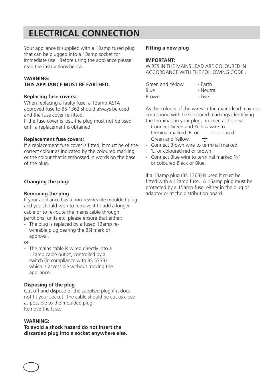 Electrical connection | Hotpoint HUL161I User Manual | Page 4 / 12