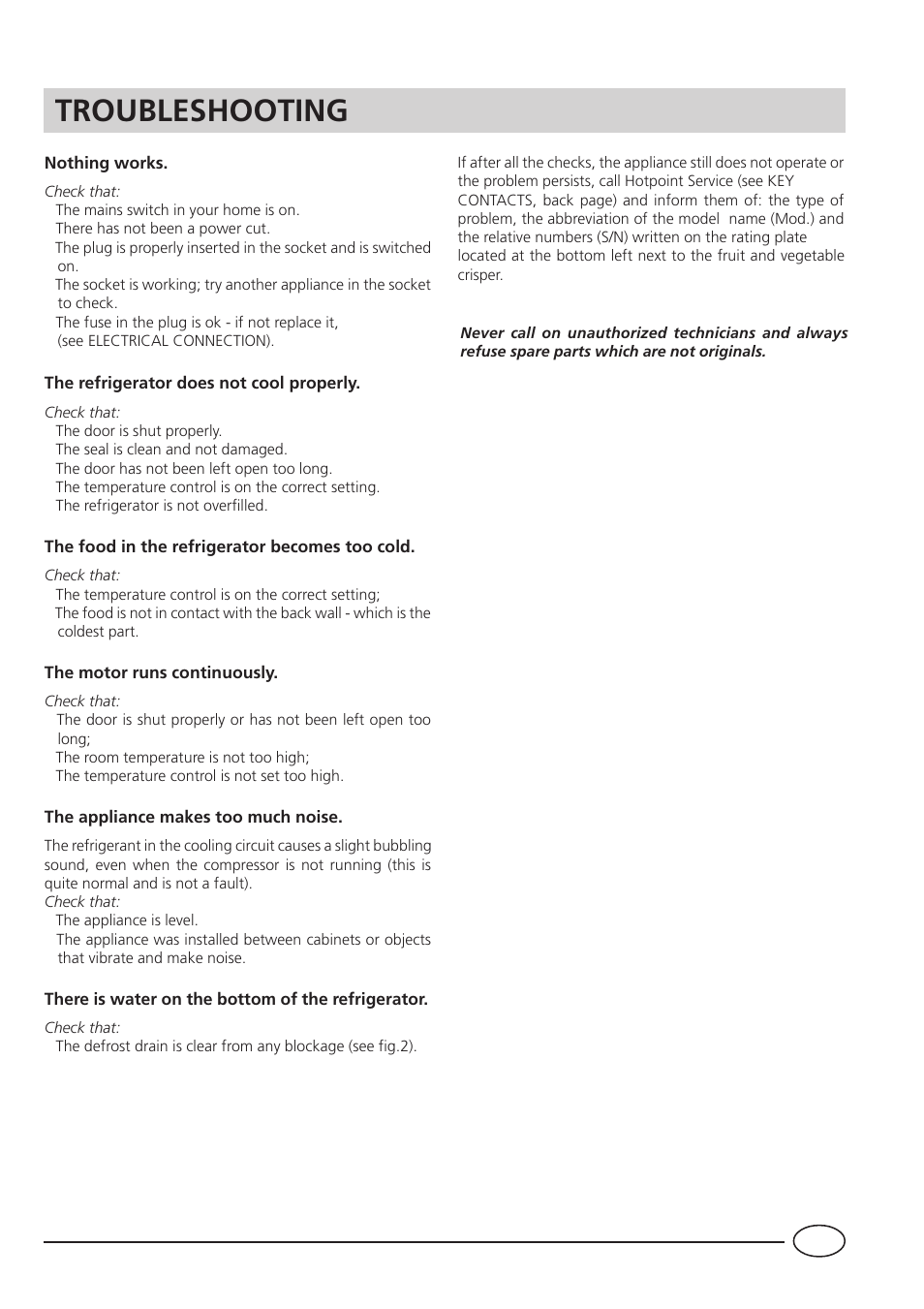 Troubleshooting | Hotpoint HUL161I User Manual | Page 9 / 12