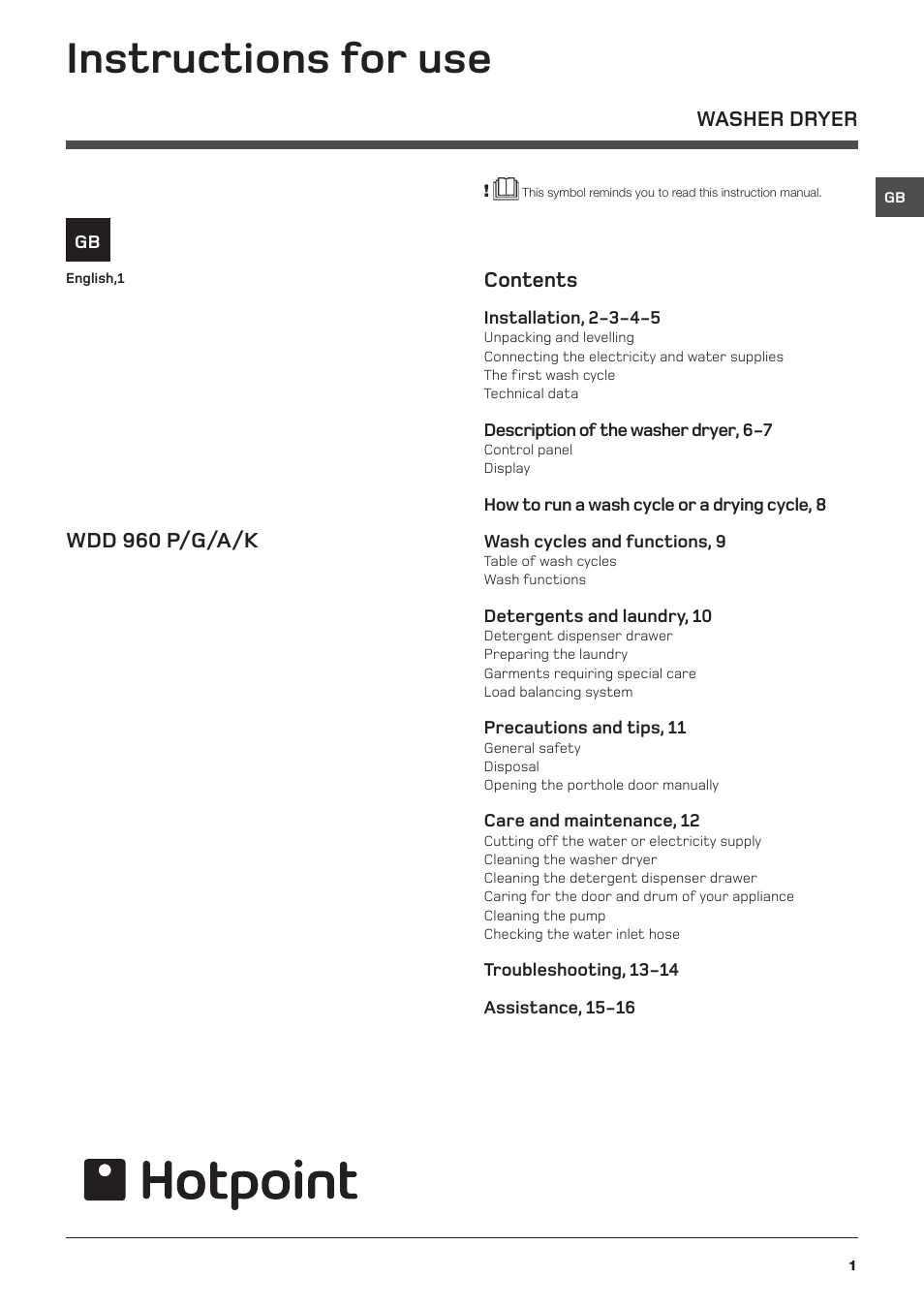 Hotpoint WDD User Manual | 16 pages