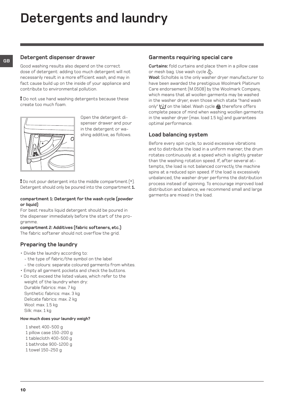 Detergents and laundry | Hotpoint WDD User Manual | Page 10 / 16