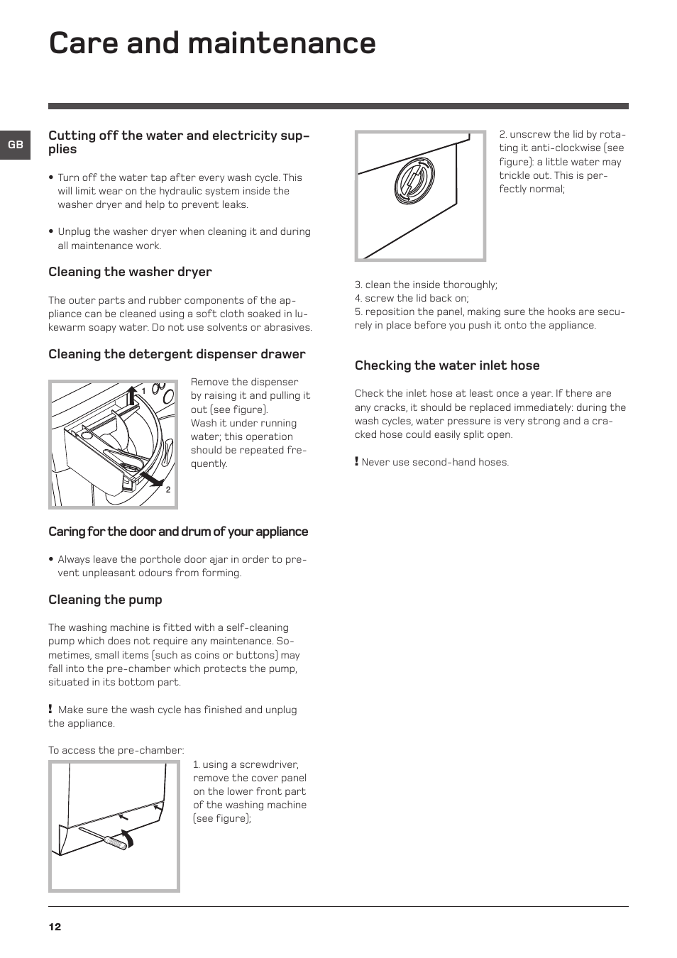 Care and maintenance | Hotpoint WDD User Manual | Page 12 / 16