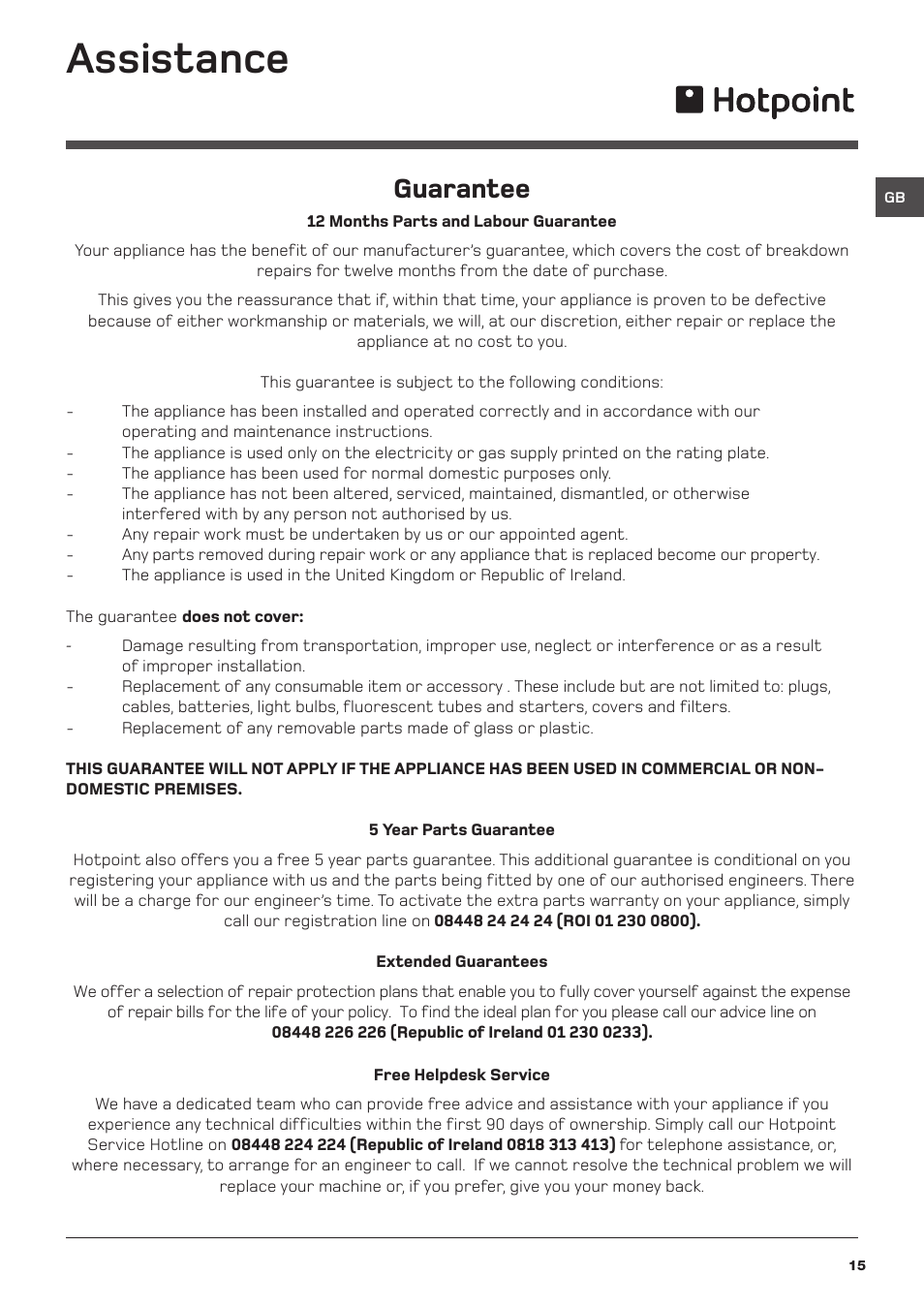 Assistance, Guarantee | Hotpoint WDD User Manual | Page 15 / 16