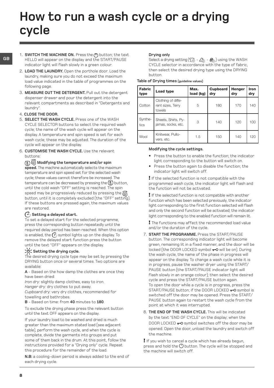 How to run a wash cycle or a drying cycle | Hotpoint WDD User Manual | Page 8 / 16