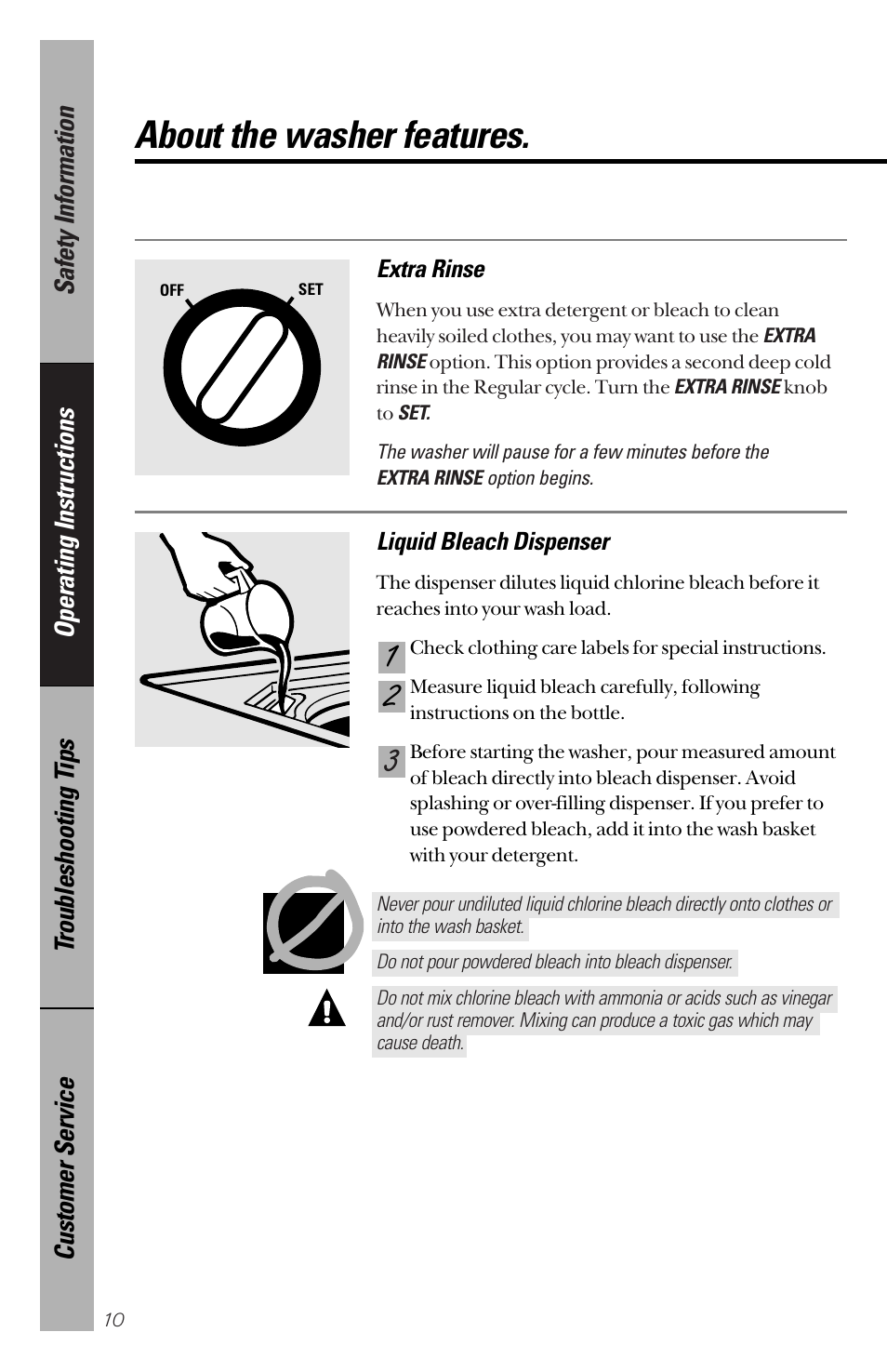 Washer features, Washer features , 11, About the washer features | Hotpoint VWSR4100 User Manual | Page 10 / 20