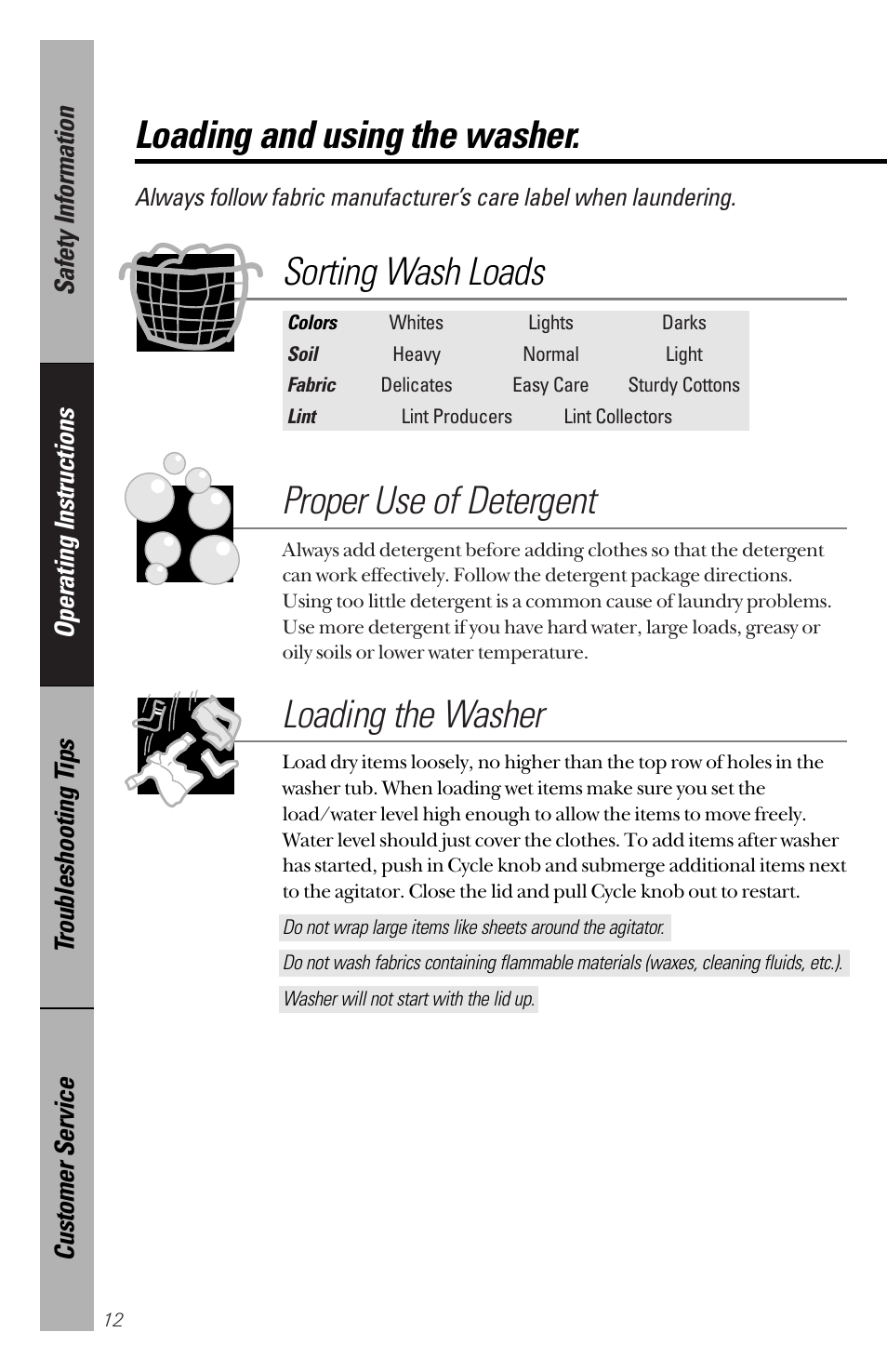 Loading and using the washer, Loading and using the washer , 13, Proper use of detergent | Loading the washer, Sorting wash loads | Hotpoint VWSR4100 User Manual | Page 12 / 20