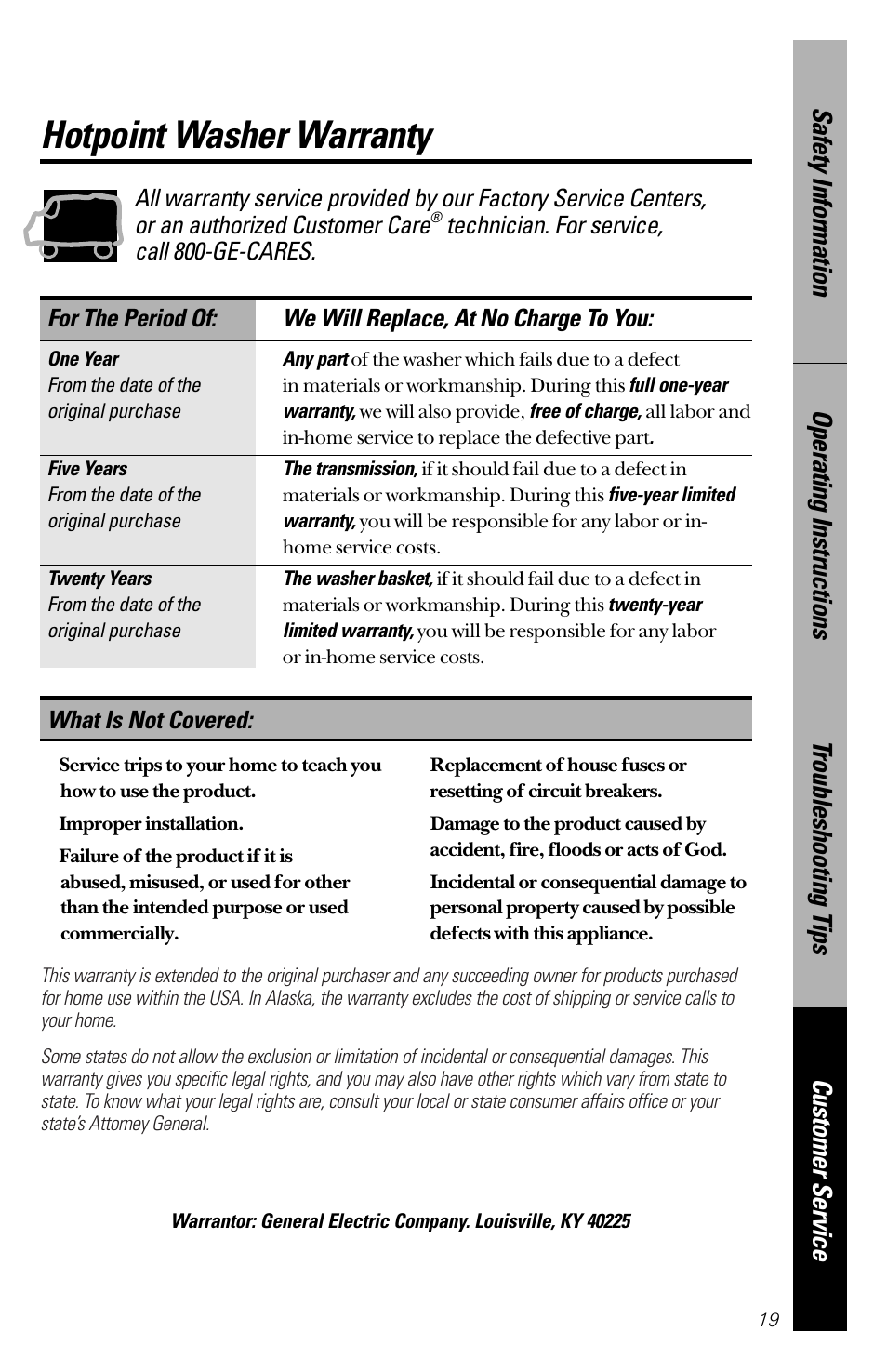 Warranty, Hotpoint washer warranty, Technician. for service, call 800-ge-cares | What is not covered | Hotpoint VWSR4100 User Manual | Page 19 / 20